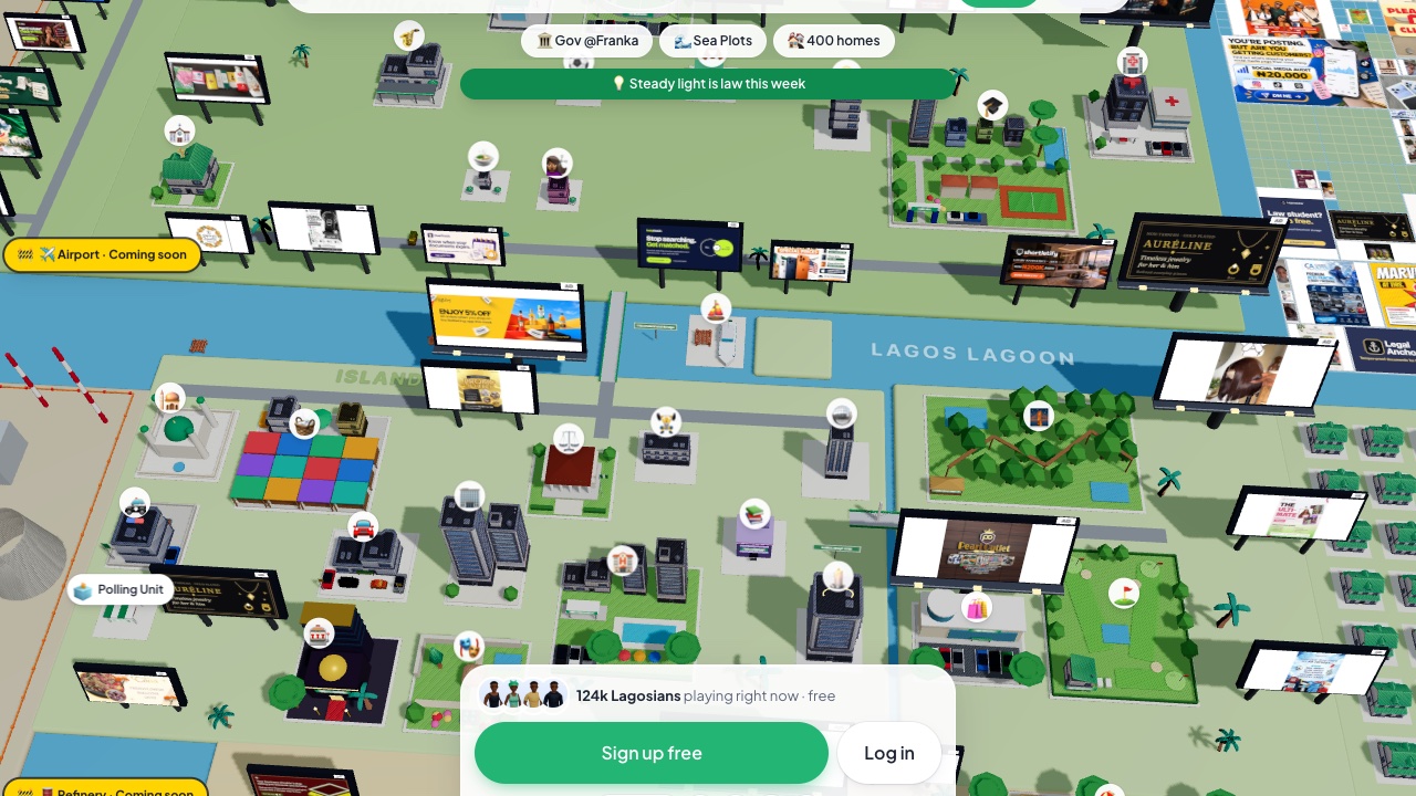 The Lagos Life landing screen showing 124k players online and free to play, no download