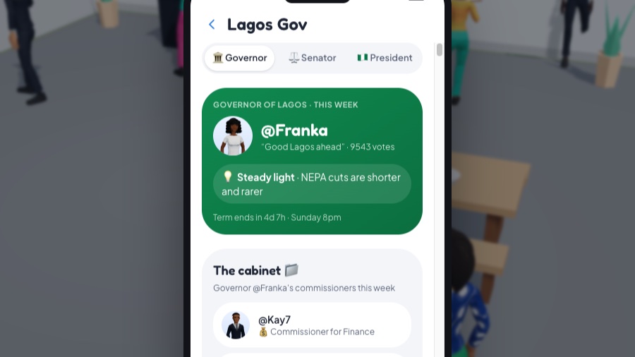 The Lagos Gov screen in Lagos Life showing the elected governor, votes, weekly policy and cabinet