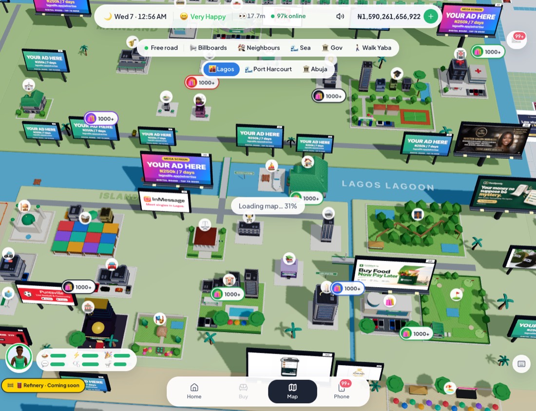 The Lagos Life map, an isometric city you travel across to reach jobs, venues, and events